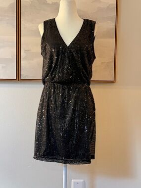 Vine & Love Black Sequin Sleeveless V-Neck Party Dress – Women’s Mini Dress